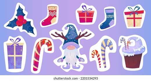 Xmas sticker with gnome, gift, cake and holly. Vector cartoon illustration element set sticker. Holiday snow winter design