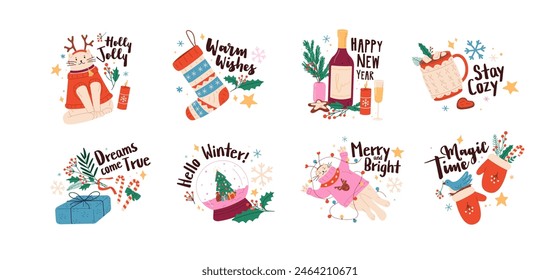 Xmas stickers with congratulations set. Phrases with Christmas toys, gifts, socks, fir tree, mistletoe, cute cat. Happy New Year quotes. Winter holiday. Flat isolated vector illustrations on white