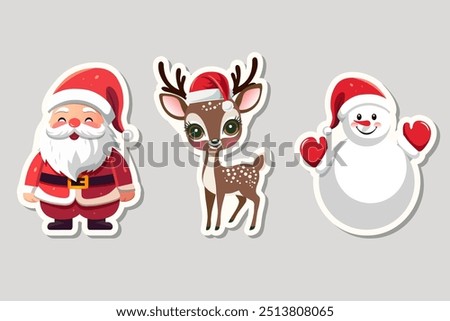 Xmas stickers. Cute winter characters set Santa, deer, snowman. Merry Christmas concept. 