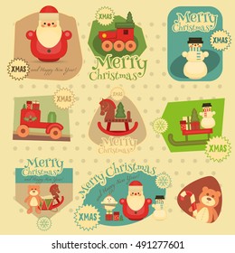 Xmas Stickers Set - Symbols and Signs of Merry Christmas and New Year. Vintage Toys Collection. Vector Illustration.