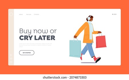 Xmas Surprise, Sale Landing Page Template. Happy African Female Character Receive Present. Woman with Big Wrapped Gift Box. Festive Event and Winter Holidays Celebration. Cartoon Vector Illustration
