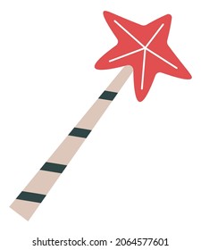Xmas sweets and candies, traditional lollipop stick with diagonal lines and star. Tasty hard caramel peppermint twisted decor. New year and christmas celebration. Vector in flat style illustration