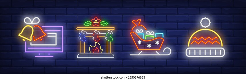 Xmas symbol neon sign set. Sledge, present, TV. Night bright advertisement. Vector illustration in neon style for banner, billboard