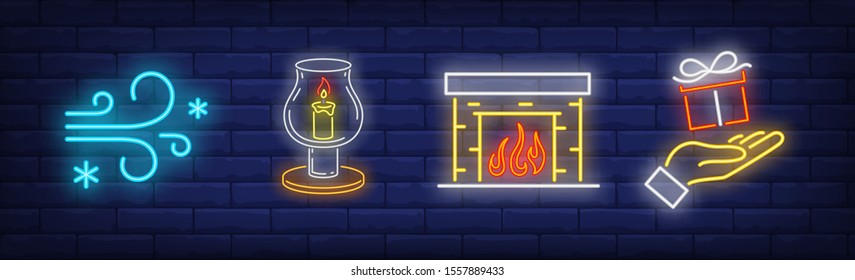Xmas symbol neon sign set. Frost, gift box, fireplace. Night bright advertisement. Vector illustration in neon style for banner, billboard
