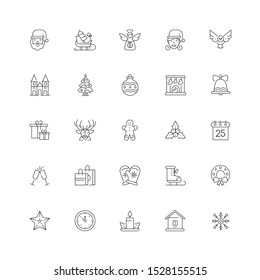 Xmas symbols line design style vector icons set. Traditional winter holiday linear signs pack. New year themed pictograms. Christmas tree, presents and festive decorations outline illustrations