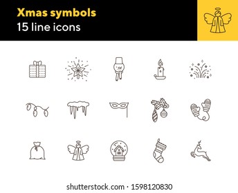 Xmas symbols line icon collection. Garland, reindeer, Christmas sock sign pack. Winter holidays concept. Vector illustration symbol elements for web design and apps