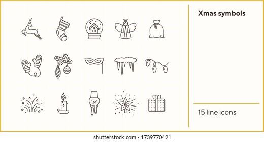 Xmas symbols line icon collection. Garland, reindeer, Christmas sock sign pack. Winter holidays concept. Vector illustration symbol elements for web design and apps
