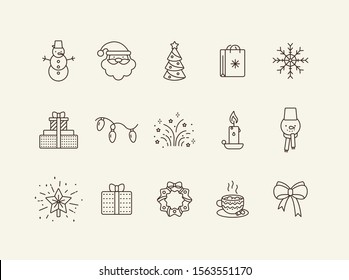 Xmas symbols thin line icon collection. Snowflake, Christmas wreath, snowman sign pack. Winter holidays concept. Vector illustration symbol elements for web design and apps