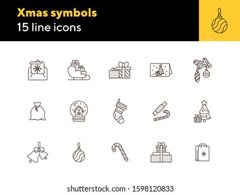 Xmas symbols thin line icon set. Shopping bag, candy cane, postcard sign pack. Winter holidays concept. Vector illustration symbol elements for web design and apps