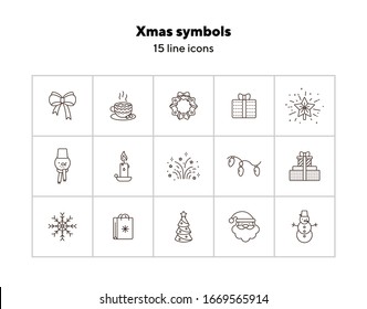 Xmas symbols thin line icon collection. Snowflake, Christmas wreath, snowman sign pack. Winter holidays concept. Vector illustration symbol elements for web design and apps