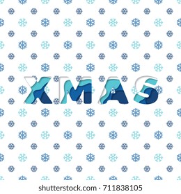 xmas text filled paper cut color layers on a background with snowflakes pattern. vector holiday greeting card design