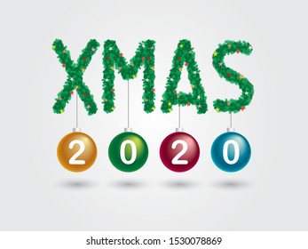 Xmas text green pine branch Christmas tree bush font design and colorful star on gray background, happy new year 2020 on shiny red blue yellow balloon.