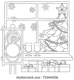 Xmas theme poster with christmas tree, star, garland light, snowflakes, presents, mulled wine, street lantern. Coloring book page for adults and kids. Flat vector illustration for gift card or banner.