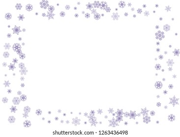 Xmas theme sale with ultra violet snowflakes. Winter border for flyer, gift card, invitation, business offer and ad. Christmas white background. Holiday banner for xmas theme. New Year frosty backdrop
