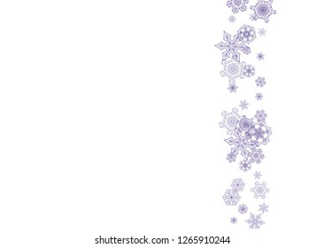 Xmas theme sale with ultra violet snowflakes. Winter frame for gift coupons, vouchers, ads, party events. Christmas white background. Holiday banner for xmas theme. New Year frosty backdrop