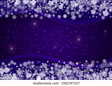 Xmas theme sale with ultraviolet snowflakes. New Year snowy backdrop. Winter border for gift coupons, vouchers, ads, party events. Christmas trendy background. Holiday banner for xmas theme