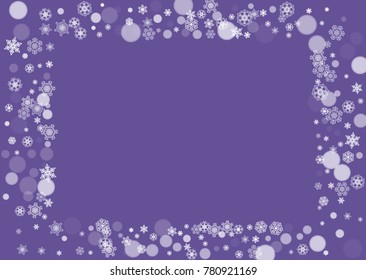Xmas theme sale with ultraviolet snowflakes. New Year snowy backdrop. Winter frame for flyer, gift card, invitation, business offer and ad. Christmas trendy background. Holiday banner for xmas theme