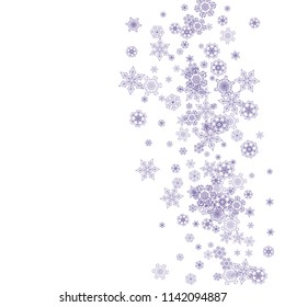 Xmas theme sales with ultraviolet snowflakes. Winter border for flyer, gift card, party invite, retail offer and ad. Christmas trendy background. Holiday banner for xmas theme. New Year snowy back