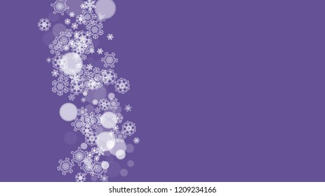 Xmas theme sales with ultraviolet snowflakes. New Year backdrop. Snow border for flyer, gift card, party invite, retail offer and ad. Christmas trendy background. Holiday frosty banner for xmas theme