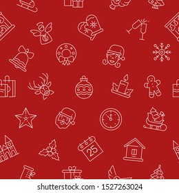 Xmas themed linear symbols vector seamless pattern. Christmas accessories lineart style texture. Winter holiday decorative background. Festive wreath, santa claus and reindeers thin line illustration