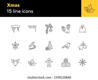 Xmas thin line icon collection. Gingerbread man, mittens, robin sign pack. Winter holidays concept. Vector illustration symbol elements for web design and apps