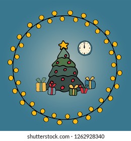 Xmas time card with a garland wreath, fir tree, gifts and clock. Cartooned hand drawn Merry Christmas vector objects