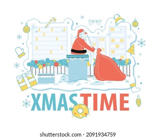 Xmas time greeting poster design with Santa Claus on snowy house rooftop carrying gift sack