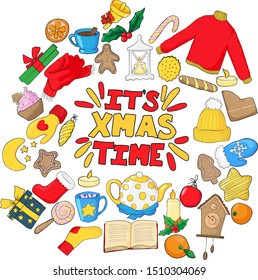 Its X-mas time hand drawn vector christmas illustration banner with x-mas elements in cartoons doodle style on white background Winter holidays greeting card vector design. web page, poster template