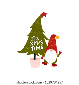 It is Xmas Time lettering with cute gnome and Christmas tree in Scandinavian style. Noel greeting card. Vector illustration with Nordic Santa