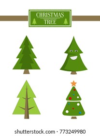 Xmas tree advert sale board, collection of spruce icons with and without decorative elements, smiling emoji vector poster isolated, pine market sign