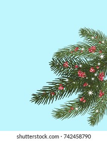  Xmas tree branches,red berries and snowflakes, sparkles.Merry Christmas and Happy New Year greeting. Isolated without a shadow.Vector illustration. Eps 10.