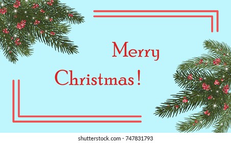  Xmas tree branches,red berries and snowflakes, sparkles.Merry Christmas and Happy New Year greeting. Isolated without a shadow.Vector illustration. Eps 10.