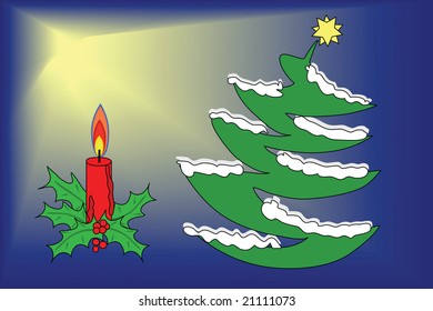 Xmas tree and a candle on a blue background with a shiny star