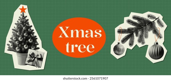 xmas tree concept template design with Christmas tree adorned ornaments star top wrapped gift box pine branch vintage cut-out retro halftone grunge dotted elements green background