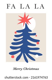 Árbol de Navidad decorado con estrellas superior y christmas juguetes baubles cortando forma de ilustración vectorial. Collage inspirado en Matisse Festividad postales para regalos de temporada navideña.