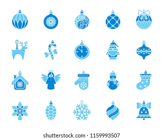 Xmas Tree Decorations icon set. Isolated on white sign kit of hang christmas ball. Pictograms of ornate mitten, snowman toy, hanging sock. Simple xmas tree decorations contour symbol. Vector icons
