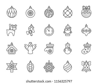 Xmas Tree Decorations Thin Line Icon Set. Outline Sign Kit Of Hang Christmas Ball. Baubles Linear Icons Of Santa Claus, Snow House, Angel. Simple Xmas Tree Decor Symbol Isolated Vector Illustration