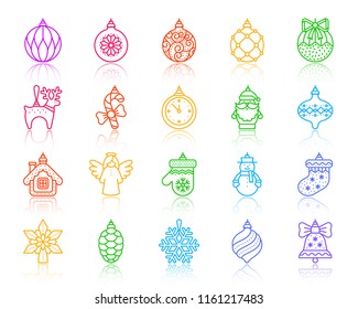 Xmas tree decorations thin line icon set. Outline vector sign kit of hang christmas ball. Ornamental linear icons includes snowflake, bell, artificial snow. Simple xmas tree decorsymbol on white