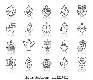 Xmas tree decorations thin line icon set. Outline sign kit of hang christmas ball. Baubles linear icons includes mitten, snowman toy, hanging sock. Simple xmas tree decor symbol vector Illustration