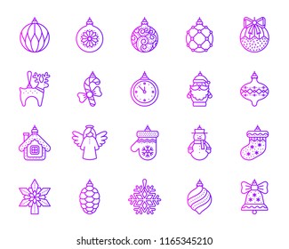 Xmas tree decorations thin line icon set. Outline vector sign kit of hang christmas ball. Ornamental linear icons of crystal deer, candy cane, new year clock. Simple xmas tree decor symbol isolated