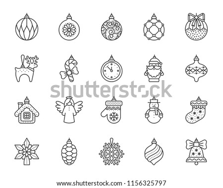 Xmas tree decorations thin line icon set. Outline sign kit of hang christmas ball. Baubles linear icons of santa claus, snow house, angel. Simple xmas tree decor symbol isolated vector Illustration