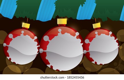 Xmas tree with decorative half-masks and balls with Coronavirus design, promoting safe celebration of Christmas.