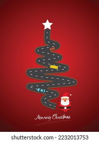 xmas tree design as like road, concept of safety street with merry christmas typography, cars, bus and santa claus on red background vector illustration.