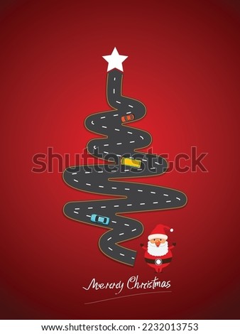 xmas tree design as like road, concept of safety street with merry christmas typography, cars, bus and santa claus on red background vector illustration. ストックフォト © 