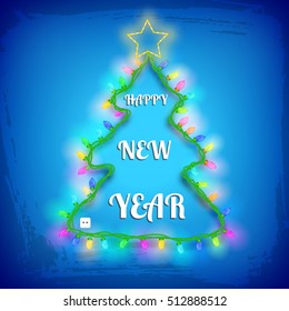 Xmas tree design with star colorful garland lights and greeting on blue textured background vector illustration