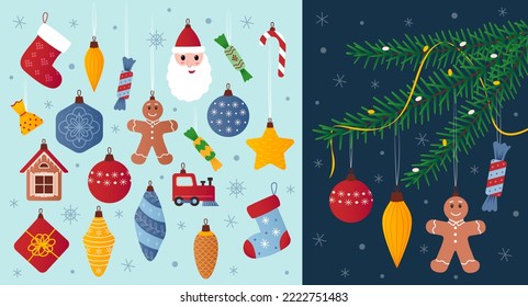 Xmas tree, different toys on branch, isolated decor elements. Santa bell and cute bauble, animals and colorful balls, santa and the gingerbread. Festive holidays. Vector cartoon utter set