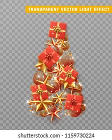 Xmas tree, with elegant stars and baubles balls, boxes gift present