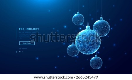 Xmas tree glasses balls in blue tech low poly wireframe. Technology background. Merry Christmas concept. New Year banner cover. Vector illustration