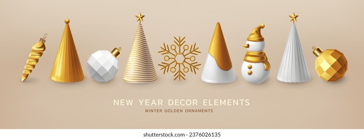 Xmas tree. Gold snowman, Christmas tree, golden snowflake, white ball toys, new year decor elements with snow, winter ornaments for holiday banners. 3D render objects. Vector isolated exact render