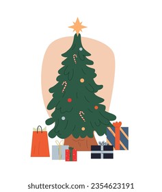 Xmas Tree with Holiday Gifts.  Christmas Star. Flat Graphic Vector Illustration Isolated on White Background.